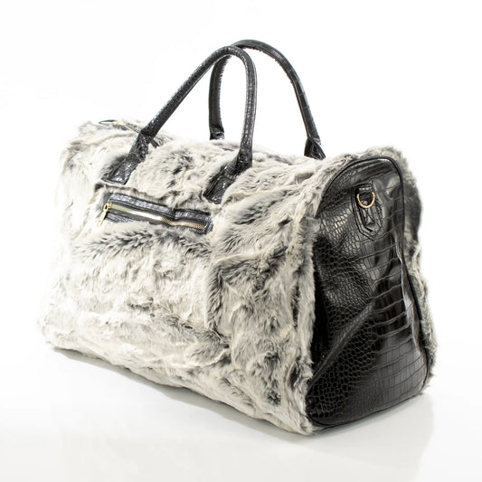 Gray Fur and Black Leather Travel Bag - PERFUME BOUTIQUE
