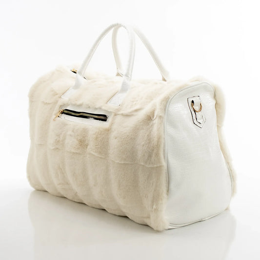 Cream Fur and White Leather Travel Bag - PERFUME BOUTIQUE