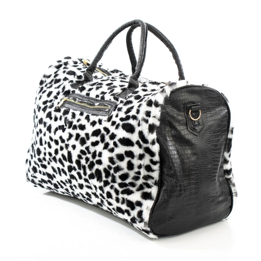 White Leopard Fur and Black Leather Travel Bag